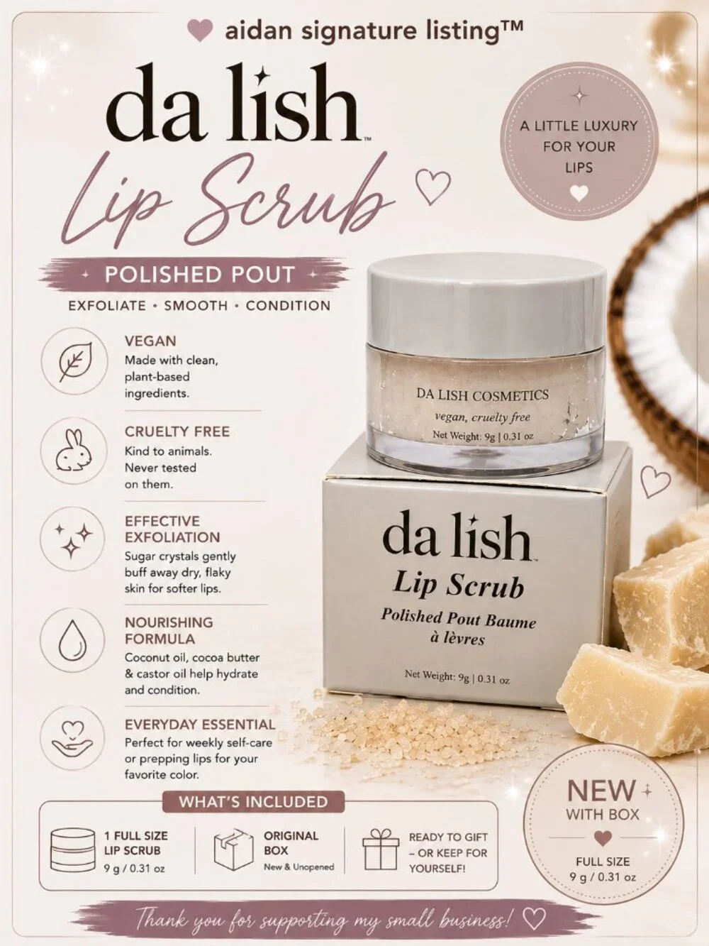 da lish Lip Scrub Polished Pout Vegan Cruelty Free 9g 0.31 oz New in Box
